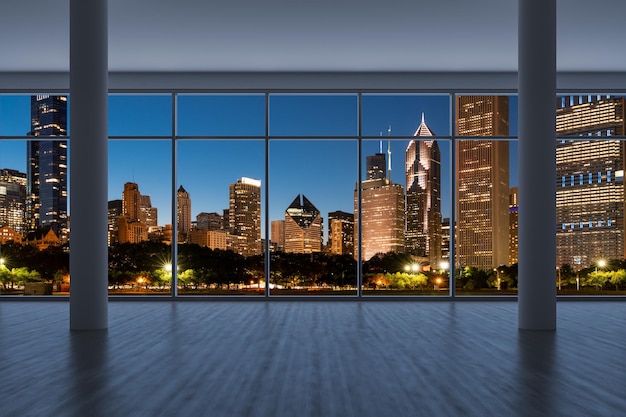 Downtown Chicago City Skyline Buildings from High Rise Window Beautiful Expensive Real Estate overlooking Epmty room Interior Skyscrapers View in Penthouse Cityscape Night 3d rendering