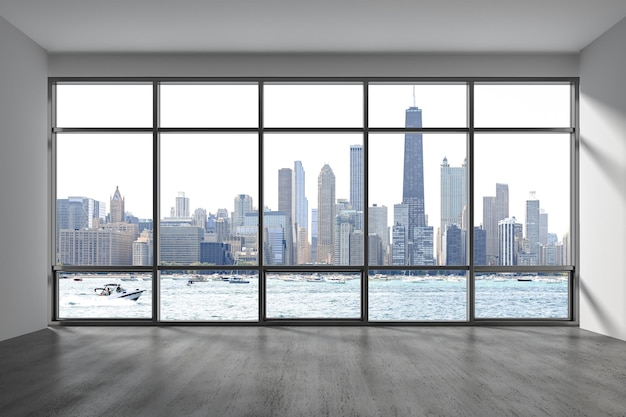 Downtown Chicago City Skyline Buildings from Window Beautiful Expensive Real Estate Epmty office room Interior Skyscrapers View Lake Michigan waterfront harbor Cityscape Day time 3d rendering