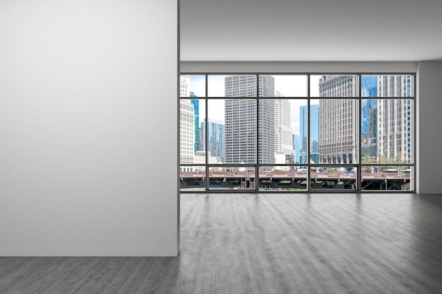 Downtown Chicago City Skyline Buildings Window background Mockup empty copy space wall Office room Interior Skyscrapers River walk bridge waterfront view Cityscape Day Ad concept 3d rendering