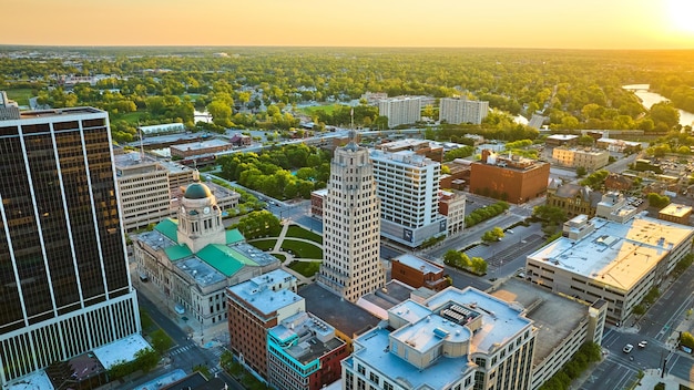 Downtown city architecture aerial Fort Wayne courthouse Indiana USA downtown sunrise landscape