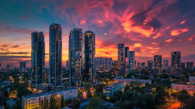 Downtown cityscape with contemporary residential buildings under colorful sunset sky at night Ai generated