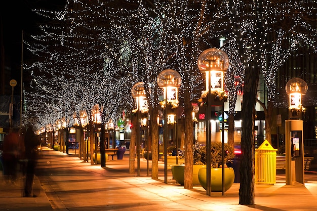 Downtown Denver at Christmas. 16th Street Mall lit up for the holidays.