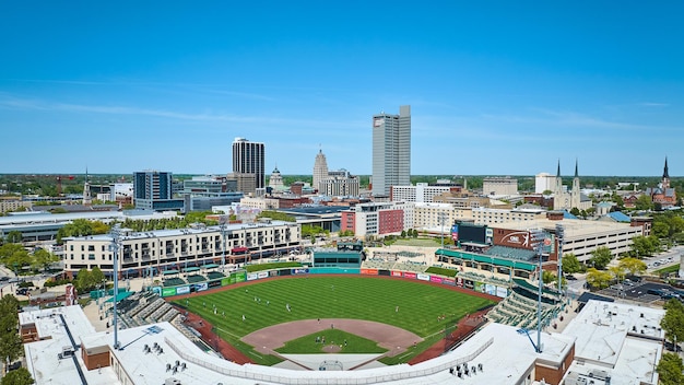 Downtown Fort Wayne with Parkview Field baseball skyscraper and church steeple skyline