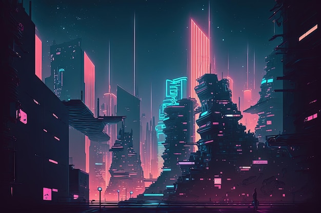 Downtown of a future metropolis with buildings lit in neon cyberpunk