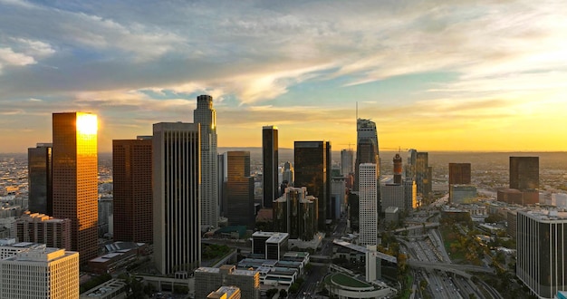 Downtown los angeles aerial view business centre of the city los angeles aerial view with drone