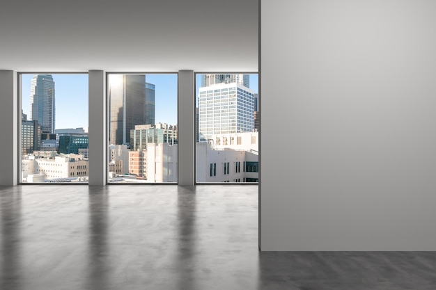 Downtown Los Angeles City Skyline Buildings from High Rise Window Beautiful Expensive Real Estate overlooking Empty room Interior Mockup wall Skyscrapers Cityscape Day California 3d rendering