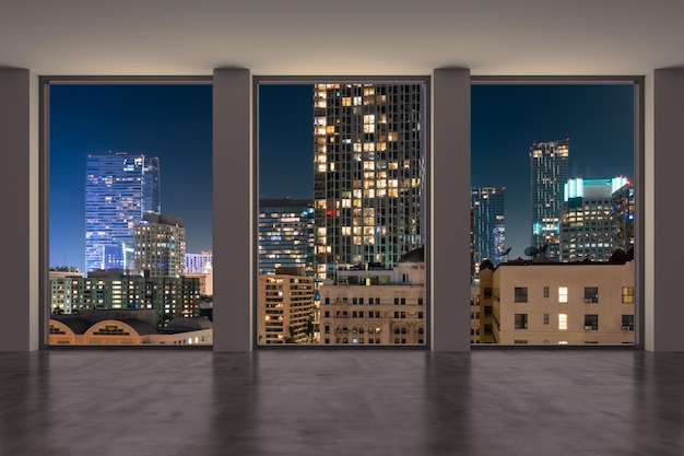 Downtown Los Angeles City Skyline Buildings from High Rise Window Beautiful Expensive Real Estate overlooking Epmty room Interior Skyscrapers View Cityscape Night 3d rendering