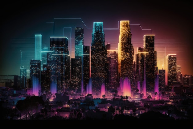 Downtown Los Angeles at night lighted in California USA City skyscrapers in LA Artificial intelligence idea hologram AI in business neural networks machine learning and robotics