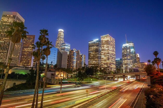 Downtown Los Angeles skyline during rush hour