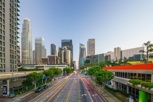 Downtown Los Angeles skyline during rush hour