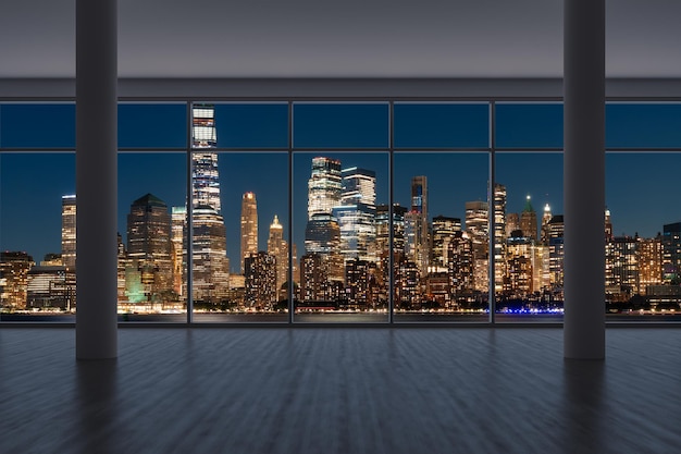 Downtown New York City Lower Manhattan Skyline Buildings High Floor Window Beautiful Expensive Real Estate Empty room Interior Skyscrapers View Cityscape Financial district Night 3d rendering