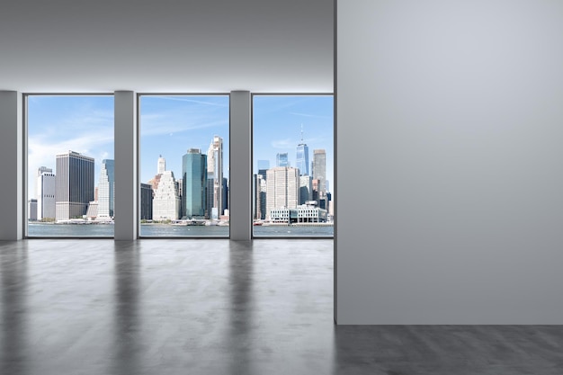 Downtown New York City Lower Manhattan Skyline Buildings High Floor Window Mock up wall Real Estate Empty room Interior Skyscrapers View Cityscape Financial district Day 3d rendering