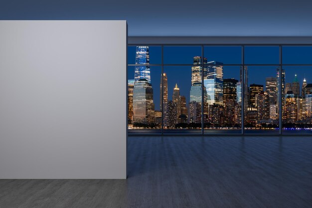 Downtown New York City Lower Manhattan Skyline Buildings High Floor Window Mock up wall Real Estate Empty room Interior Skyscrapers View Cityscape Financial district Night 3d rendering