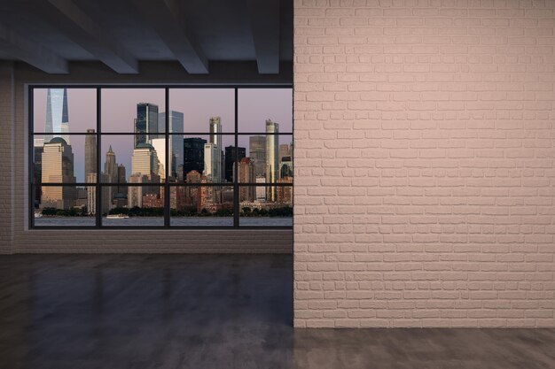 Downtown New York City Lower Manhattan Skyline Buildings High Floor Window Mock up wall Real Estate Empty room Interior Skyscrapers View Cityscape Financial district SUNSET 3d rendering