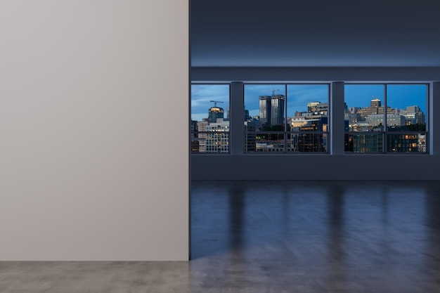 Downtown Seattle City Skyline Buildings from High Rise Window Beautiful Expensive Real Estate overlooking Empty room Interior Mockup wall Skyscrapers Cityscape Night USA 3d rendering