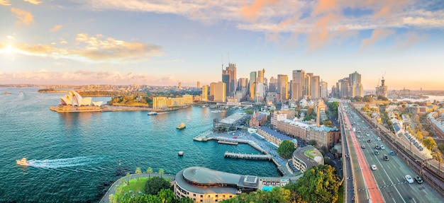 Downtown Sydney skyline in Australia from top view at twilight