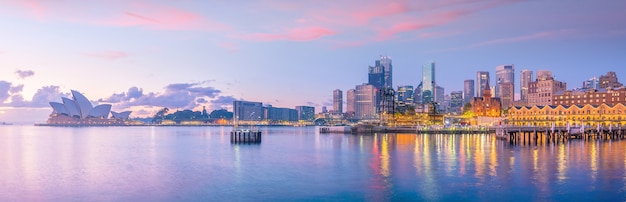 Downtown Sydney skyline in Australia from top view at twilight