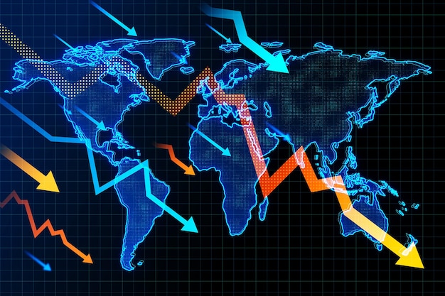 Downward falling arrows with map on dark backdrop Stock or financial market crash crisis concept 3D Rendering