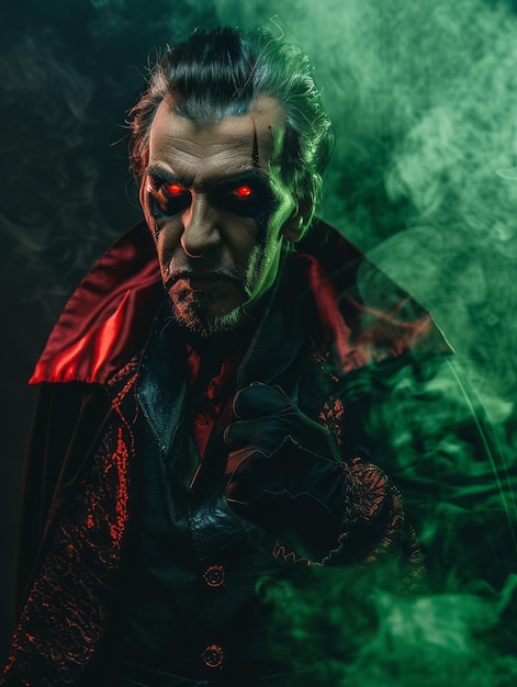 Photo dracula costume for halloween on a flat green background