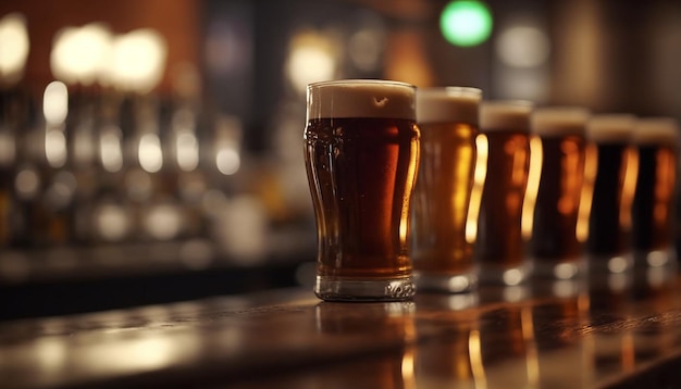 Draft beer in glasses on the bar in a row the background of the bar is blurred Generative AI