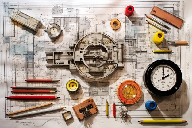 Photo drafting tools and blueprints on a desk the artistry of architecture and precision of design