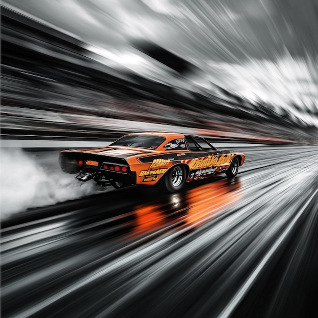 A drag car speeding down the track with motion blur and highspeed effects