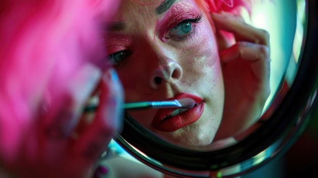 Photo drag queen applying the finishing touches to her pink makeup in a mirror a closeup