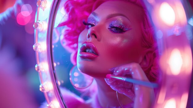 Photo drag queen applying the finishing touches to her pink makeup in a mirror a closeup