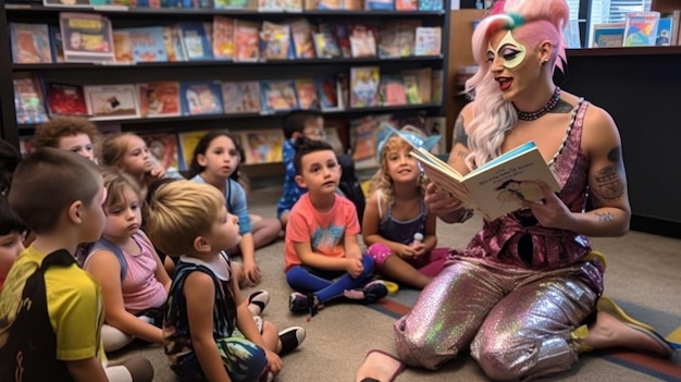 Drag Queen Reading A Book to Several Young Children in a Bookstore