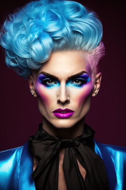 Drag queen style transvestite man gay with bright colored makeup in women dress Generative AI