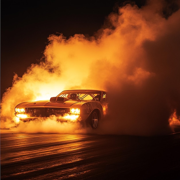 Photo a drag racing car in a burnout session with thick tire smoke and glowing tires