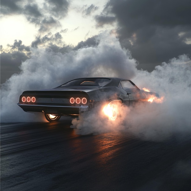 A drag racing car in a burnout session with thick tire smoke and glowing tires