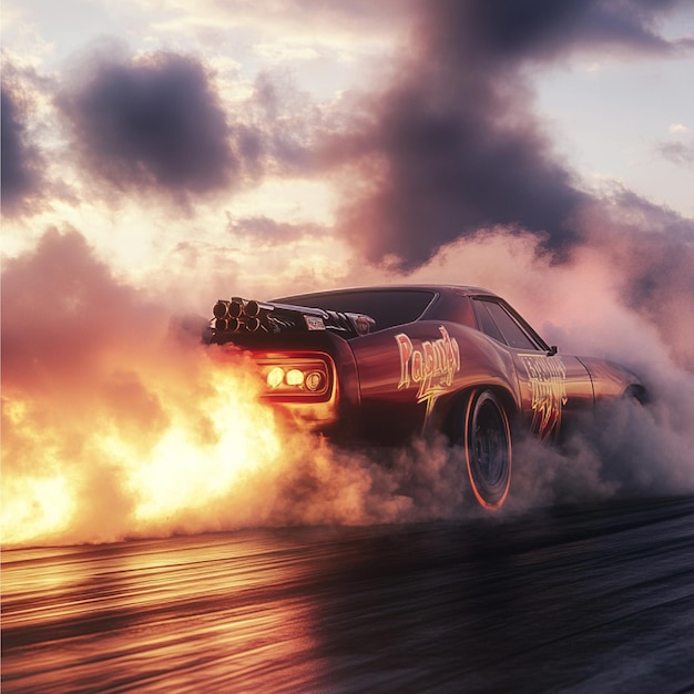 A drag racing car in a burnout session with thick tire smoke and glowing tires