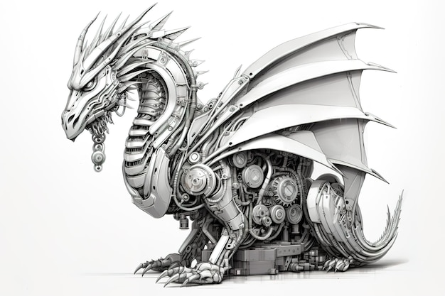 A dragon are made electronic machinery on a white background Mythical creatures illustration Generative AI