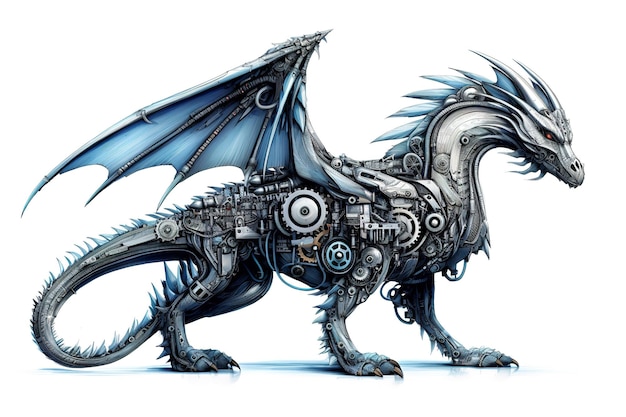 A dragon are made electronic machinery on a white background Mythical creatures illustration Generative AI