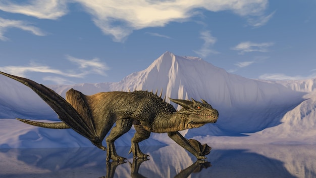 Dragon in the background of snowy mountains on a reflective surface of a frozen lake 3d rendering