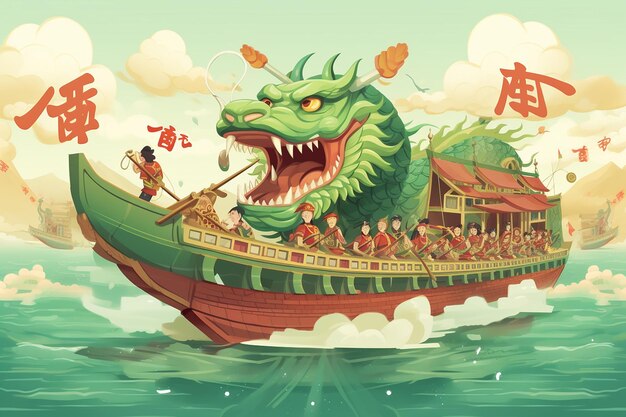 Dragon Boat Festival greeting card with flat style illustrations