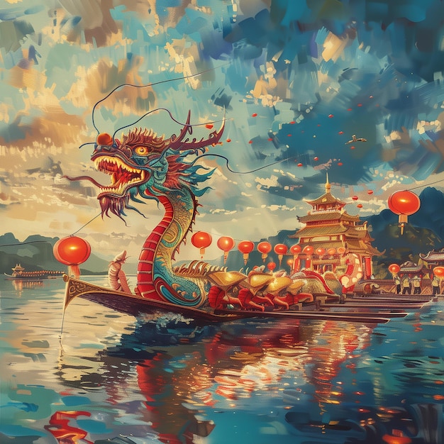 a dragon boat is floating in the water