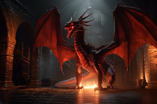 Dragon breathing fire Castle monster