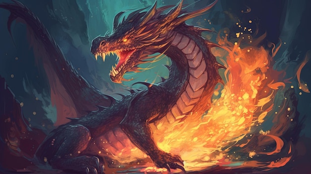 A dragon breathing fire Fantasy concept Illustration painting Generative AI