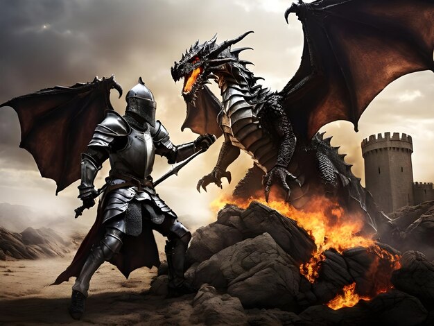 Photo dragon breathing fire at knight in armour holding up shield near stone castle fire breathing dragon flying low and attacking knights in desert