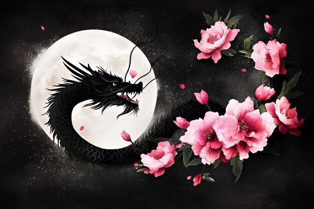 Dragon and Cherry Blossoms Under a Full Moon