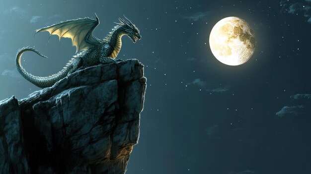 Photo dragon on clifftop under full moon