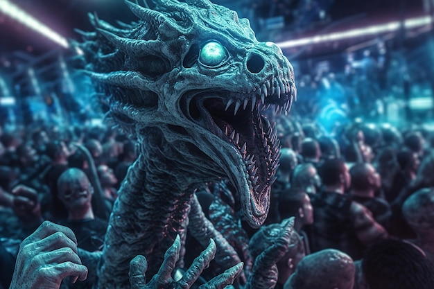 A dragon in a crowd with a blue light on it