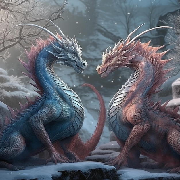 A dragon and a dragon are facing each other in the snow.