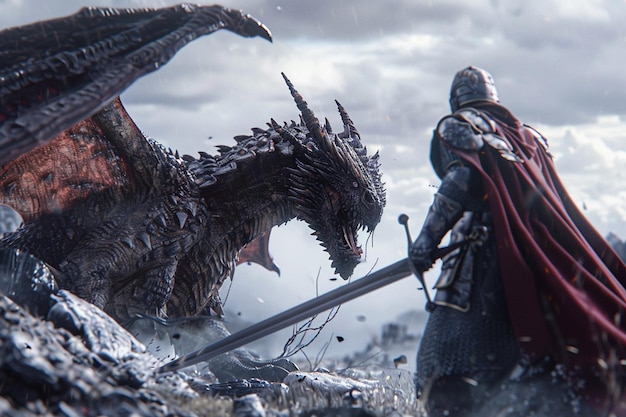 Photo a dragon and a dragon are fighting over a man in a red armor