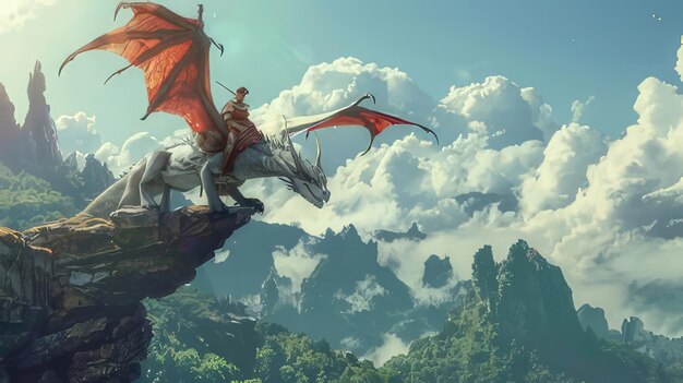 a dragon and dragon are flying over a mountain