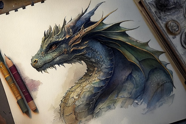 Dragon drawing with bit of watercolour generative ai