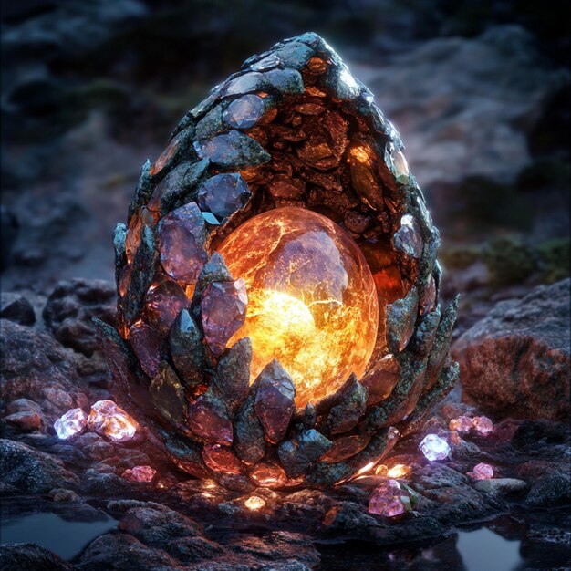 Dragon egg in a nest of gemstones glowing with light