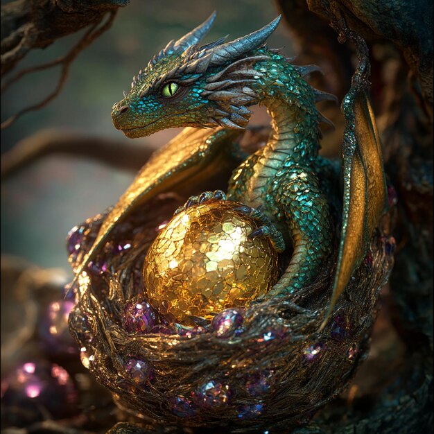 Photo dragon egg in a nest of jewels shimmering with light